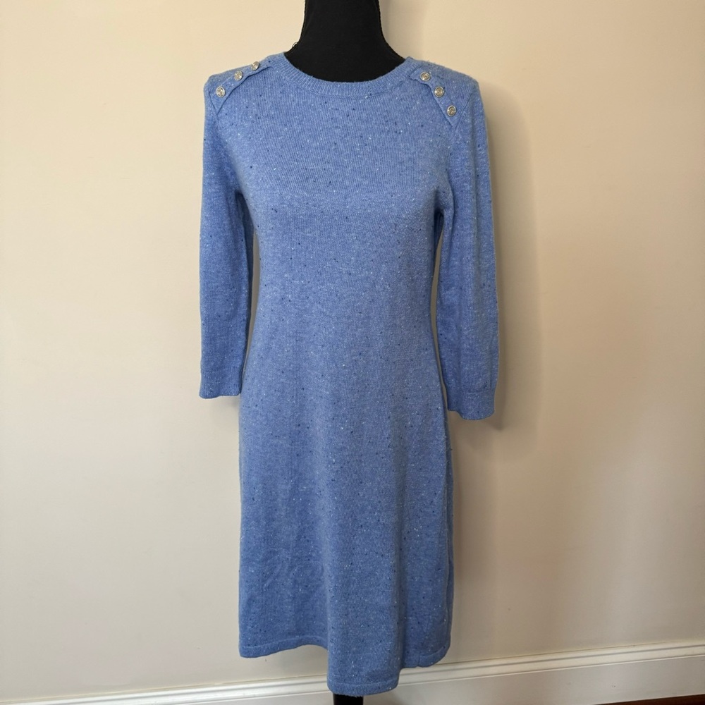 Talbots Blue Speckled Midi Shoulder Button Sweater Dress